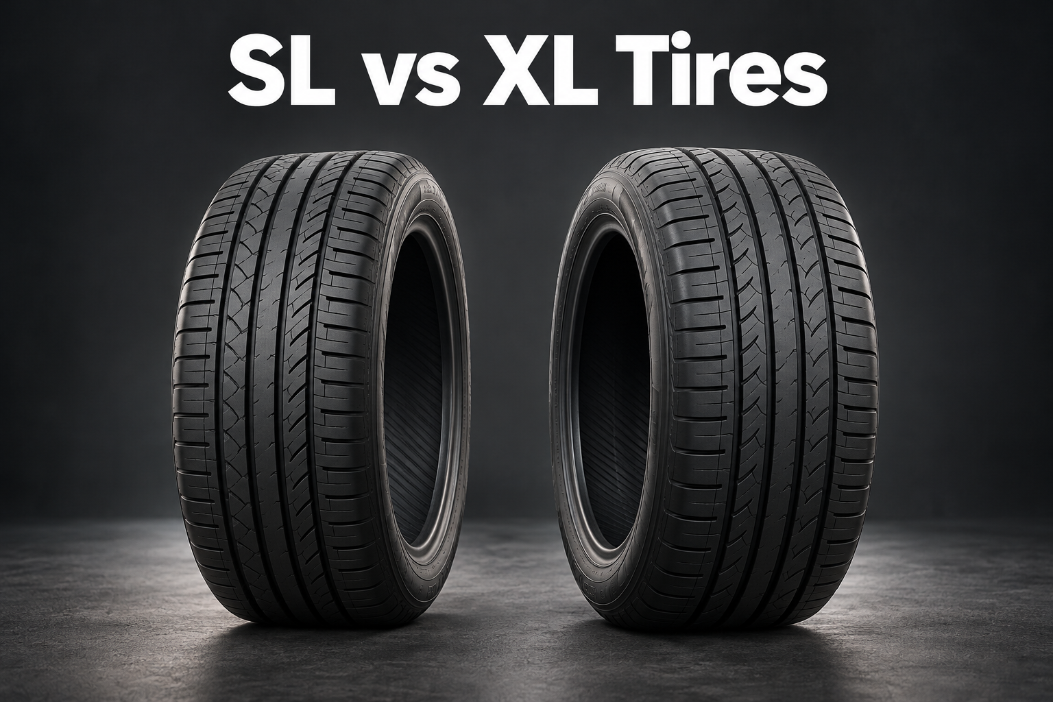 Two unbranded passenger tires side by side beneath the words SL vs XL Tires.